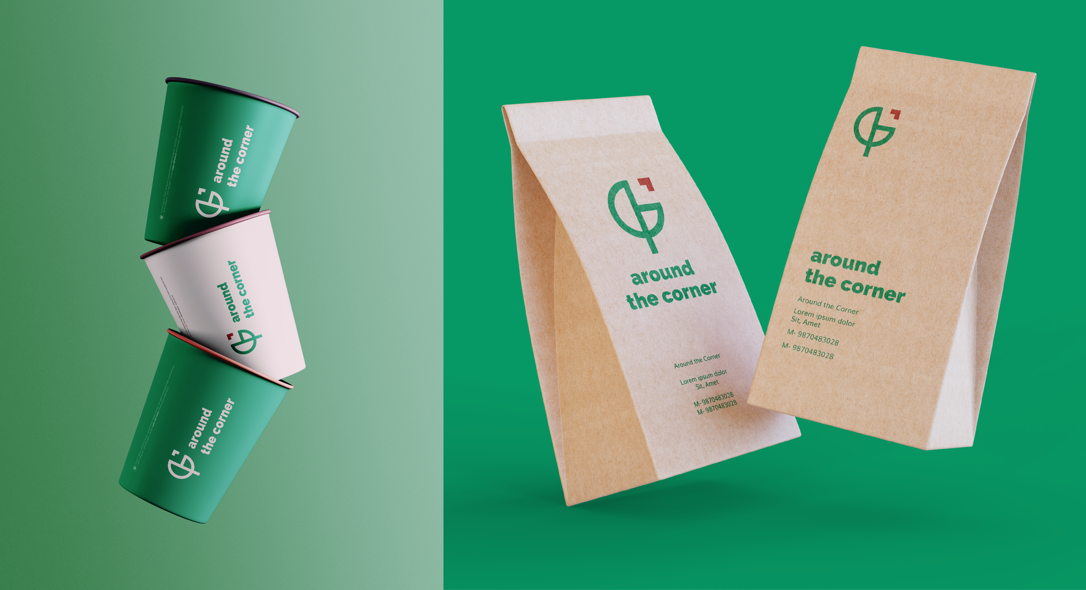 Around the corner branding mockup: stacked coffee cups on sage green and kraft paper bags on emerald, with the green mark and red square accent.