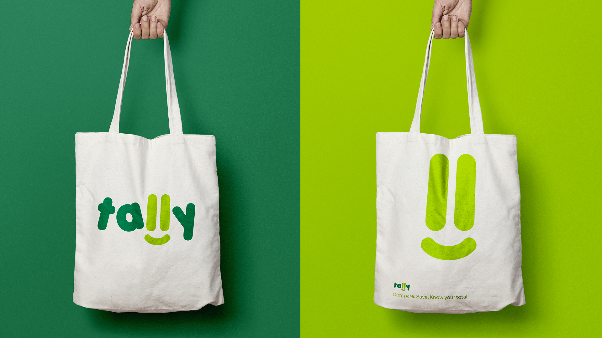 Tally branding on canvas tote bags.