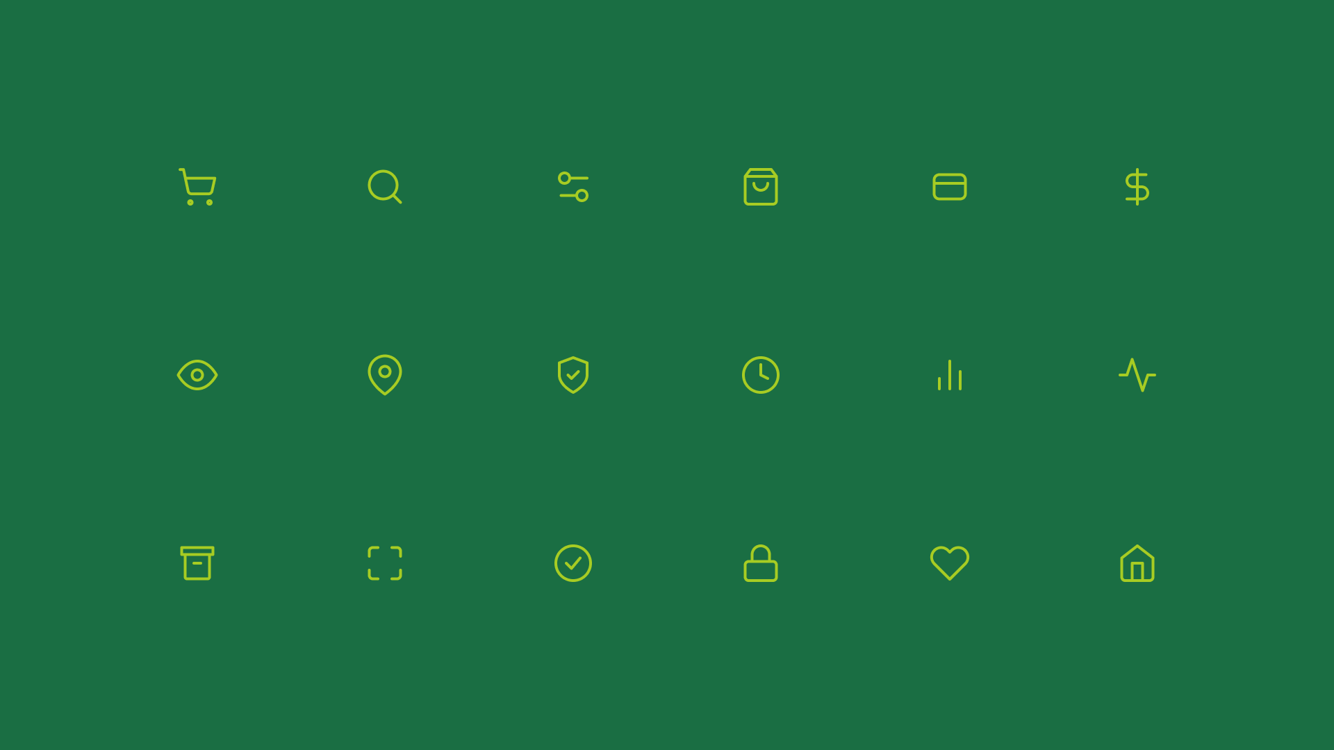 Grid of Tally UI icons: cart, search, bag, card, and more on forest green.