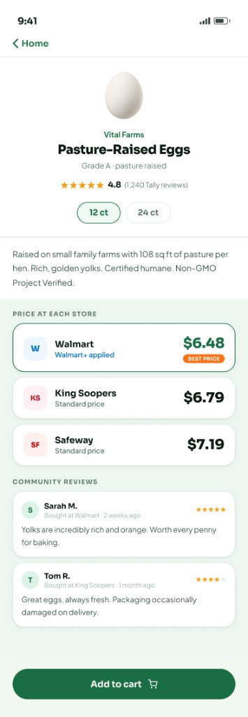 Product detail: prices by store, best option, and reviews.