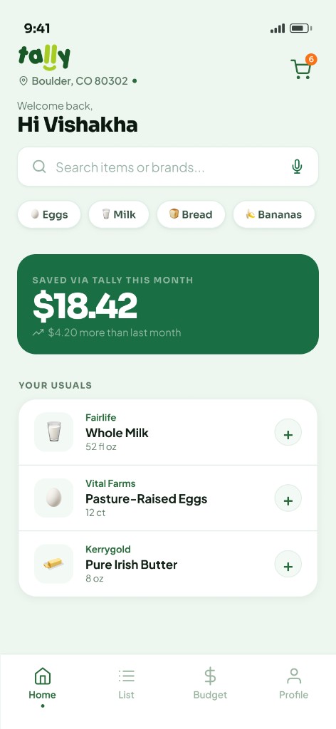 Tally home for a returning user: search, savings snapshot, and usual items.