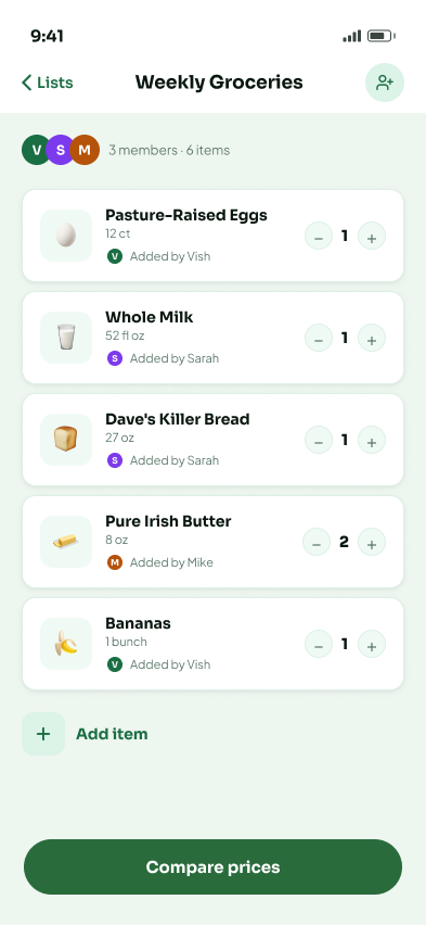 Shared list: contributors, items, and compare prices.