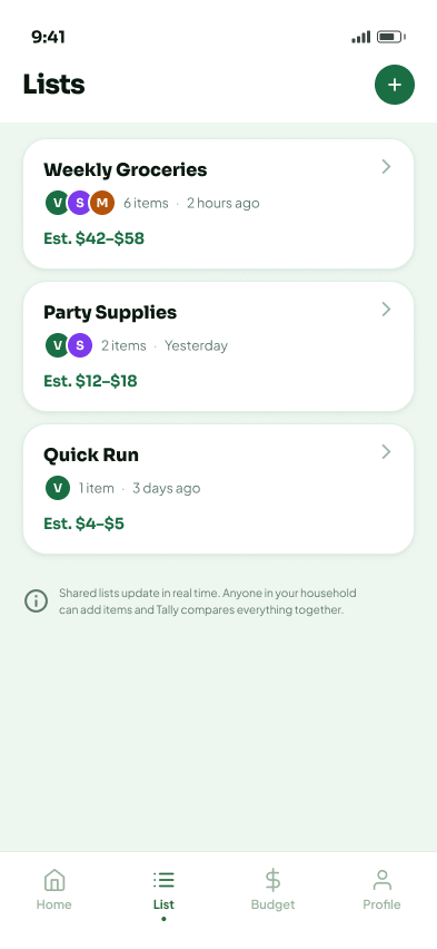 Lists hub with estimates and shared members.