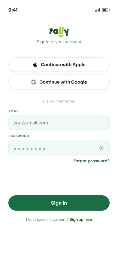 Tally sign-in: email and social sign-in options.