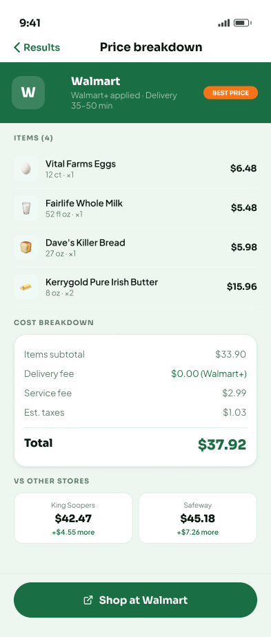 Price breakdown: items, fees, taxes, and total.