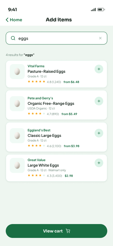 Search results with ratings, pack size, and starting price.