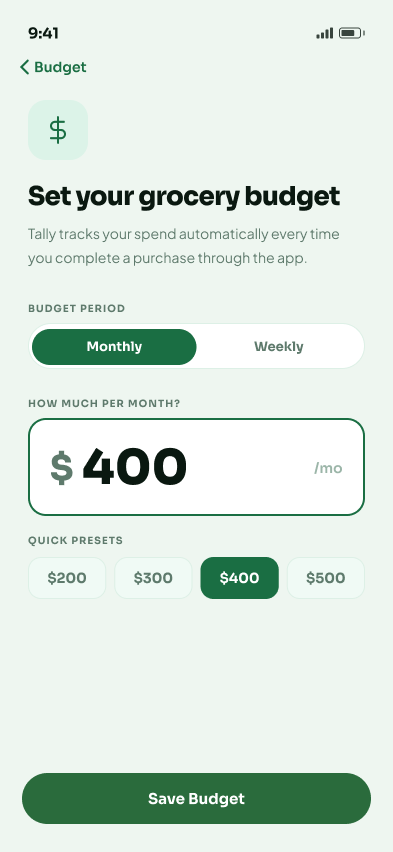Set budget: period, amount, and presets.