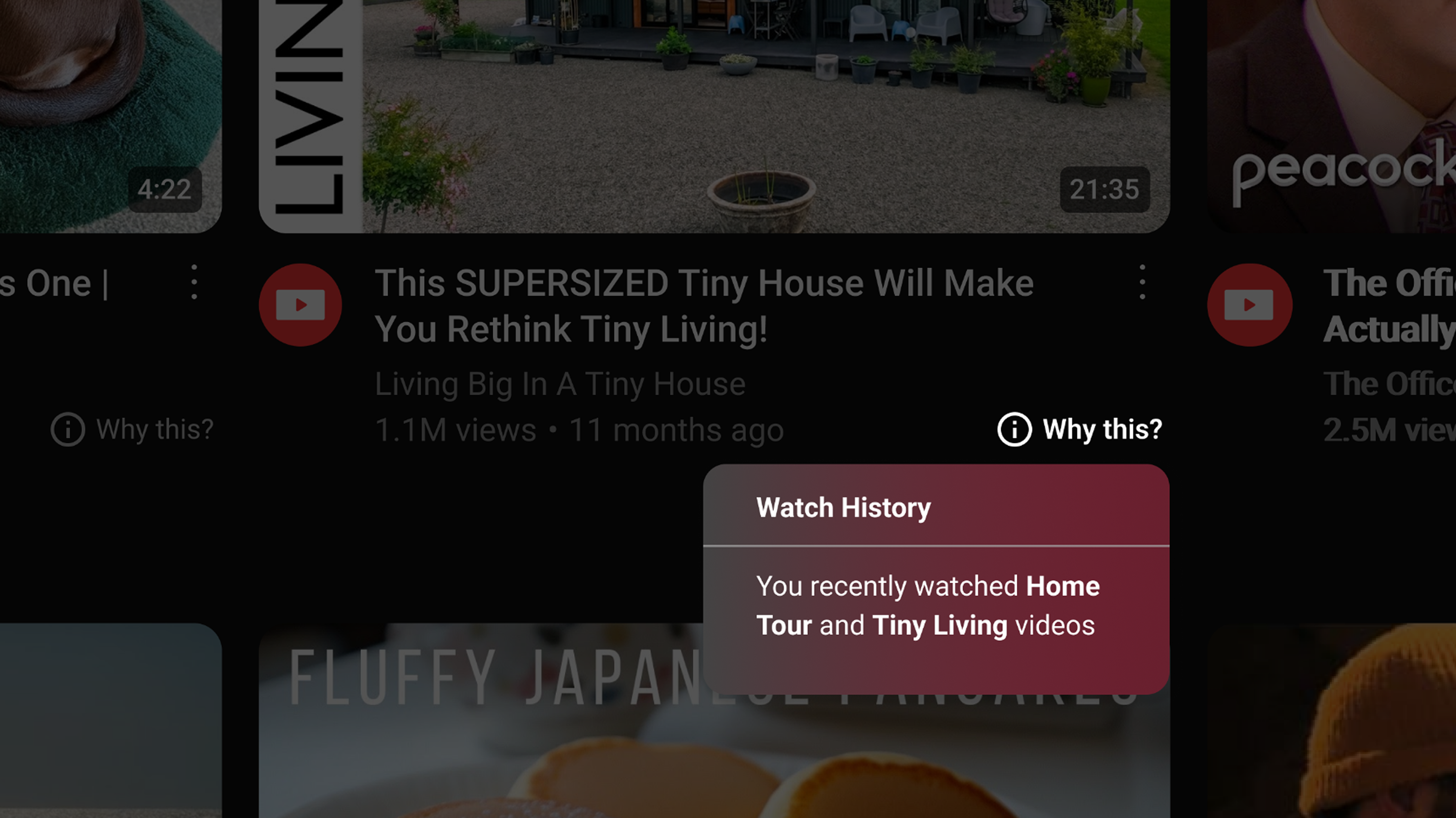 “Why this?” on a video: Watch History explains the pick with bold topic labels like Home Tour and Tiny Living.