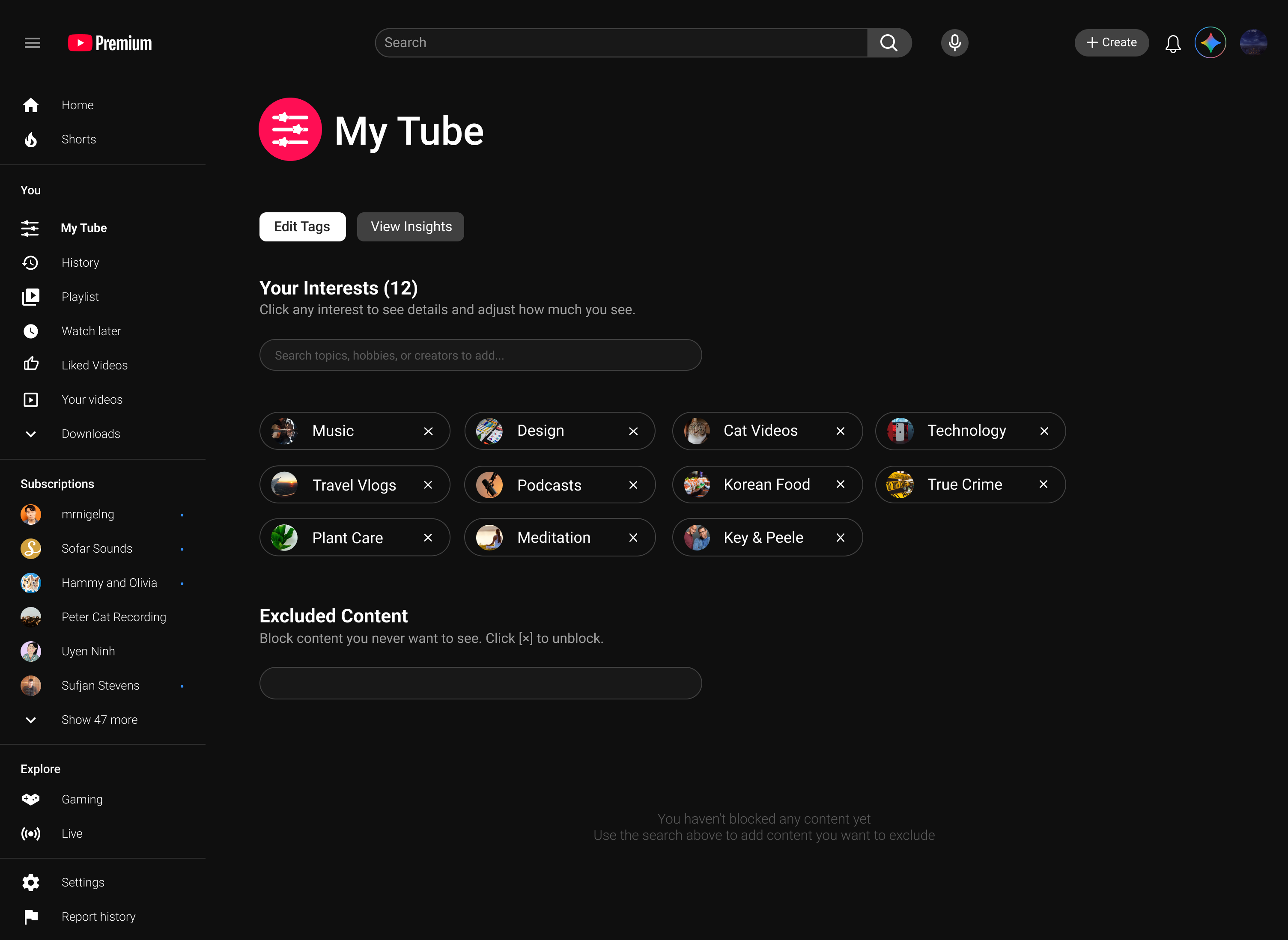 My Tube: Edit Tags with interest pills, search, and Excluded Content section.