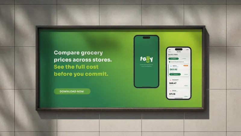 Tally outdoor billboard mockup with app screens comparing grocery prices across stores.