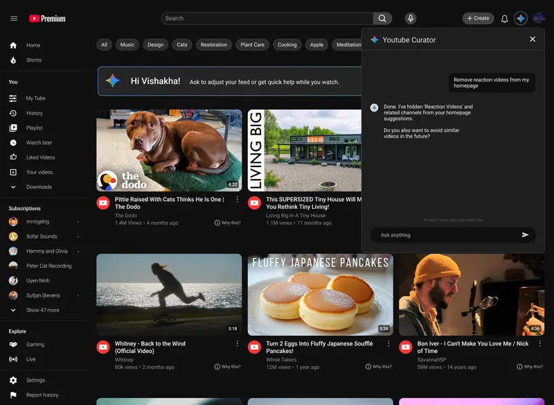 YouTube Curator: assistant replies that reaction content was hidden from recommendations.