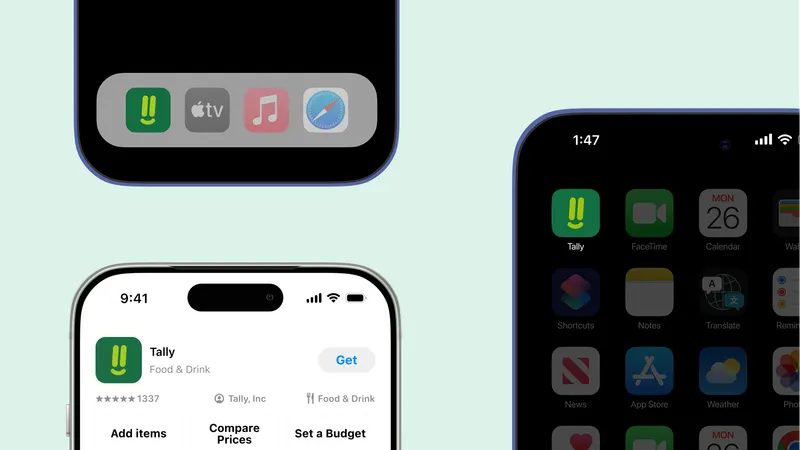 Tally app icon in iOS dock, App Store listing, and home screen.