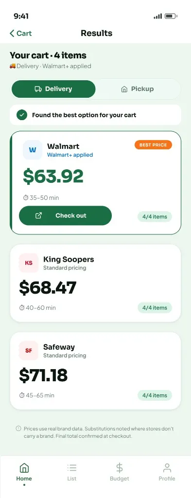 Comparison results: delivery or pickup totals and best option.