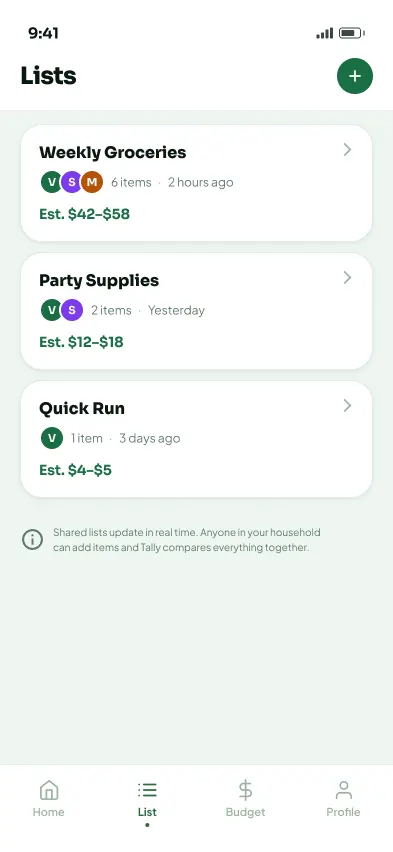 Lists hub with estimates and shared members.